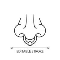 Nose piercing linear icon. Professional procedure to inject jewellery into nostrils. Thin line customizable illustration. Contour symbol. Vector isolated outline drawing. Editable stroke