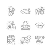 Tattoo and piercing creation linear icons set. Salon for creating unique body look. Customizable thin line contour symbols. Isolated vector outline illustrations. Editable stroke