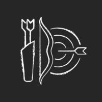 Archery chalk white icon on dark background. Using bow to shoot arrows. Hunting and recreational activity. Hitting target from distance. Isolated vector chalkboard illustration on black