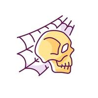 Skull with spider web RGB color icon. Horror story. Halloween decoration. Solving puzzles, clues for riddle. Part of mystery quest. Isolated vector illustration. Escape room simple filled line drawing