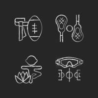Summer camp activities chalk white icons set on dark background. Flag football. Lacrosse. Kids yoga. Water polo. Non-contact sport. Body workout. Isolated vector chalkboard illustrations on black
