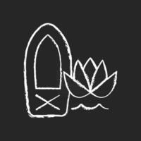 Stand up paddle board yoga chalk white icon on dark background. Doing workout on wobbly surface. Practicing mindfulness. Enjoying paddle boarding. Isolated vector chalkboard illustration on black