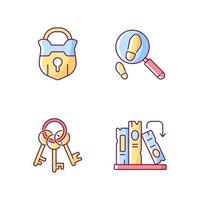 Solving mystery RGB color icons set. Vintage padlock. Keys on ring for lock. Solving puzzles. Part of mystery quest. Isolated vector illustrations. Escape room simple filled line drawings collection