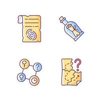 Mystery quest RGB color icons set. Paper shit with fingerprint. Message in bottle. Part of mystery quest. Isolated vector illustrations. Escape room simple filled line drawings collection