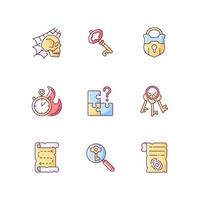 Quest RGB color icons set. Search for missing piece. Keys for unlocking. Map for treasure. Part of quest. Isolated vector illustrations. Escape room simple filled line drawings collection