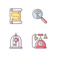 Solving quest RGB color icons set. Map with route to pirate treasure. Looking for key. Solving puzzles. Part of quest. Isolated vector illustrations. Escape room simple filled line drawings collection