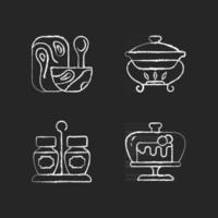 Modern tableware chalk white icons set on dark background. Wooden tableware for kitchen. Warming tray for meal. Chafing dish that keeps food warm. Isolated vector chalkboard illustrations on black