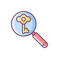 Looking for key RGB color icon. Investigating to solve problem. Searching for tips. Clues for riddles. Part of mystery quest. Isolated vector illustration. Escape room simple filled line drawing