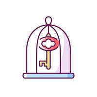 Key in cage RGB color icon. Gain access. Solve difficult situation. Solving puzzles, clues for riddles. Part of mystery quest. Isolated vector illustration. Escape room simple filled line drawing