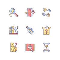 Puzzle solving RGB color icons set. Investigate footprints. Message in bottle. Clues for riddles. Part of quest. Isolated vector illustrations. Escape room simple filled line drawings collection