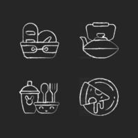 Kitcken dinnerware chalk white icons set on dark background. Kitchen bread basket. Pizza plates for pizzerias. Safe dinnerware. Chinese iron teapot. Isolated vector chalkboard illustrations on black