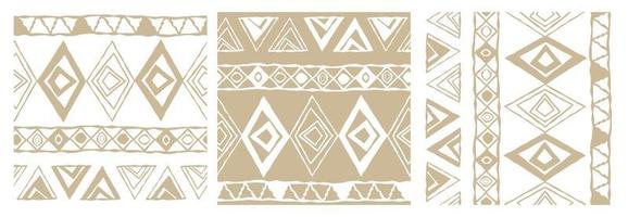 Beige and white ethnic monochrome abstract geometric pattern of triangles is shown in three versions in different directions vector