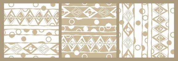 Three variants of abstract  seamless pattern with random rough, twisted part of triangles or broken lines, circles shapes. White and beige colors vector