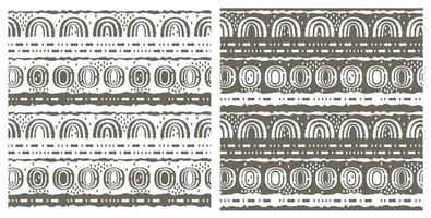 Set of two same seamless patterns. Ovals, semicircles, rainbows, lines, dots, circles and other shapes. Rough curved gray and white lines, hand drawn emulation effect vector