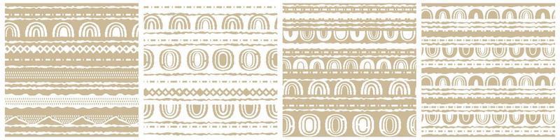 Set of four winter vector White and Beige horizontal Seamless border repeat patterns with random rough, twisted part of triangles or broken lines, part of circles shapes, rainbows. Hand drawn effect