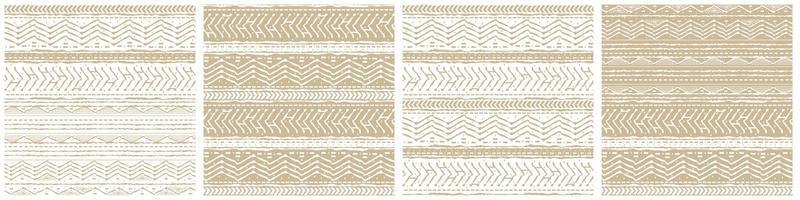 Set of four winter vector White and Beige horizontal Seamless border repeat patterns with random rough, twisted part of triangles or broken lines, part of circles shapes. Hand drawn effect