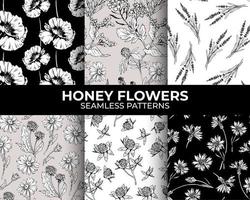 Honey flowers modern seamless patterns collection for fabric textile design and sublimation. vector