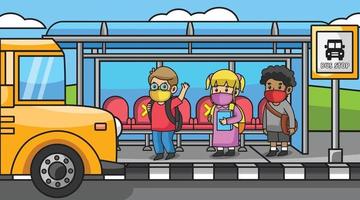 During the corona virus pandemic,children after school waiting bus in bus stop.Using masks and health protocols.children book illustration. vector
