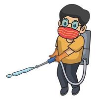 kid use disinfectant, active in farm using mask.character illustration. vector