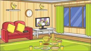 Fondo sala de estar religiosa musulmana con comida para ramadán iftar, son adornos y sofa, television. con adorno de Ramadán muslim.background ilustración vectorial. vector