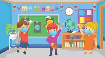 During pandemic corona virus,children happy to activity in the school.Playing paper throw,Using Painting tools ,greeting with friends.Using mask and health protocol.Vector children Illustration. vector