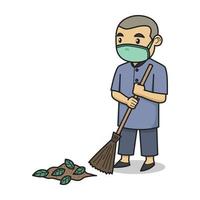 Boy Characters Sweeps While Wearing a Face Mask. Vector. Children Book. vector