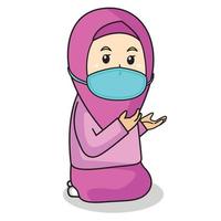 La niña musulmana usa un vestido azul y un hijab azul musulmán tradicional. rezando en el mes de Ramadán, usando una máscara y un protocolo saludable.Ilustración de personaje. vector