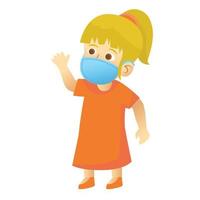 Children illustration,sweet girl using orange dress and greeting hello to another friend in the class.Using mask and healthy protocol.Character Illustration. vector