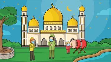 During the corona pandemic, muslim in mosque courtyard starry night at ramadan month. Muslim activity and pray. donation zakat, using masks and health protocols. Book illustration. vector