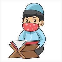 Muslim boys religious reading al-quran,ramadan month, using mask and healthy protocol.Character illustration. vector