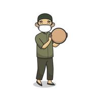 Ustad Character Play Tambourine and Wearing a Face Mask. Vector Illustration. Children Book Illustration.