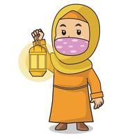 chica musulmana usa camisa naranja e hijab. Ponga la linterna de Ramadán en el mes de Ramadán, usando una máscara y un protocolo saludable. Ilustración de personaje. vector