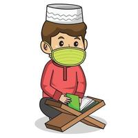 Muslim boy use red dress traditional muslim. reading al-quran holly book in ramadan month, using mask and healthy protocol.Character illustration. vector