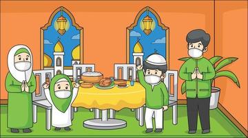 durante la pandemia del virus corona, la familia musulmana se queda en casa y festeja en iftar maghrib, en el mes de ramadán, con máscaras y protocolos de salud, ilustración de libros para niños. vector