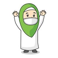 La niña musulmana usa un vestido blanco y un hijab verde musulmán tradicional. alegre en el mes de Ramadán, usando máscara y protocolo saludable.Ilustración de personaje. vector