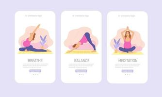 Vector mobile templates or mobile app onboarding screens for yoga lovers. Yoga poses for pregnant woman. Healthy pregnance concept. Pregnant woman doing yoga exercises and yoga poses.