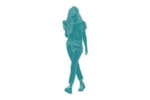 Ilustración vectorial de mujer casual caminando por la calle lateral con su café, estilo plano con contorno vector