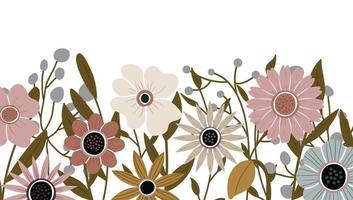 Horizontal backdrop decorated with blooming flowers and leaves border. Abstract art nature background vector. Trendy plants frame. flower garden. Botanical floral pattern design for summer sale banner vector