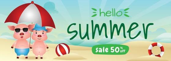 summer sale banner with a cute pig couple using umbrella in beach vector