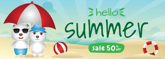 summer sale banner with a cute polar bear couple using umbrella in beach vector