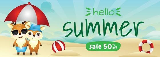 summer sale banner with a cute deer couple using umbrella in beach vector