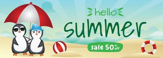 summer sale banner with a cute penguin couple using umbrella in beach vector