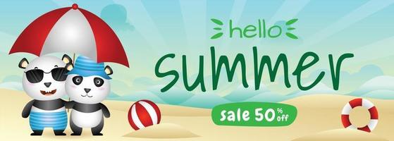 summer sale banner with a cute panda couple using umbrella in beach vector