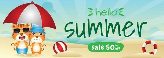 summer sale banner with a cute tiger couple using umbrella in beach vector