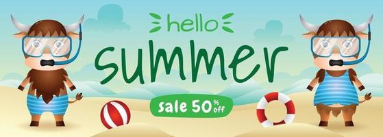 Banner de venta de verano con una linda pareja de búfalos con traje de snorkel en la playa vector