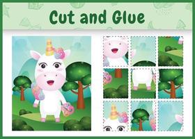 Children board game cut and glue with a cute unicorn vector