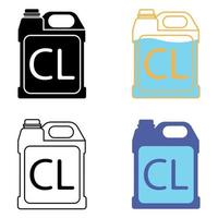 Chlorine icon set. Chlorine disinfectant. Chemical detergent, disinfection supplies. Sanitary equipment. Bottle with cleaning product in glyph, outline, flat style. Editable stroke