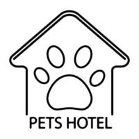 Pet hotel, logo design template. Logotype of pets hotel in outline style. Symbol of dog or cat home with icon of paw inside, isolated on white background vector