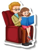 A sticker template with a father and his daughter reading a book vector