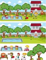 Park scene set with many kids doodle cartoon character isolated vector